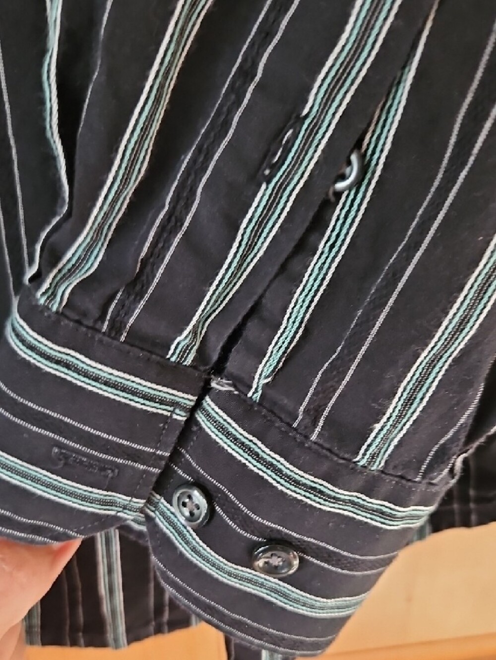 J Ferrar Size L 16-16.5 Black Stripe Shirt with Teal and White Stripes - Picture 7 of 13